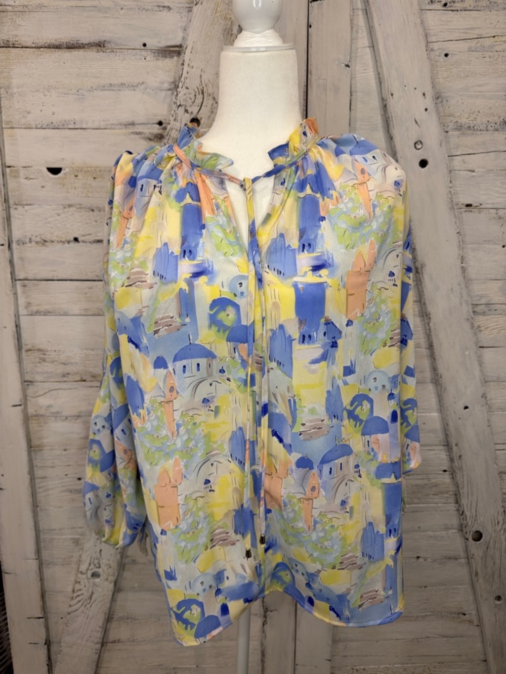 entro Pastel Watercolor Tie-Neck Blouse in Blue, Yellow & Peach